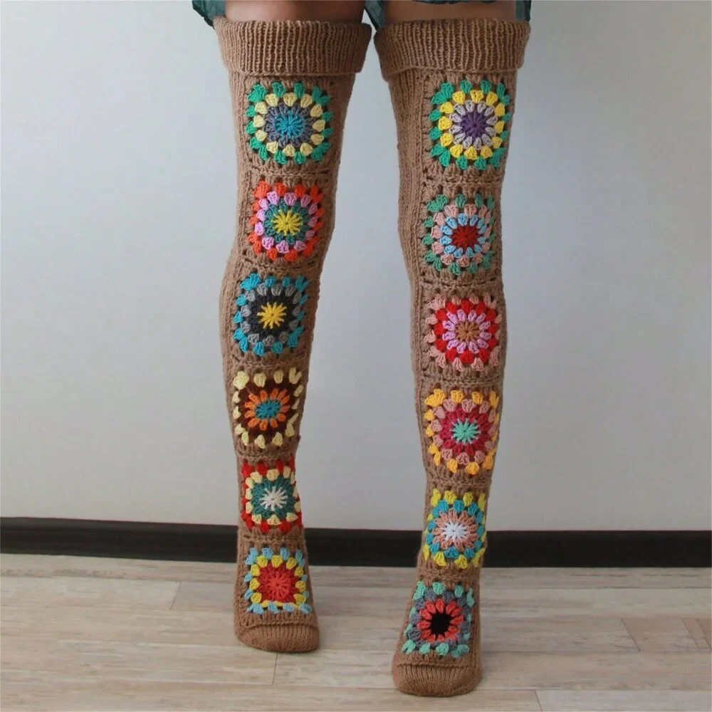 Khaki Women's Extra Long Crochet-Knit Thigh Socks Over Knee Stockings - Picture 3 of 3